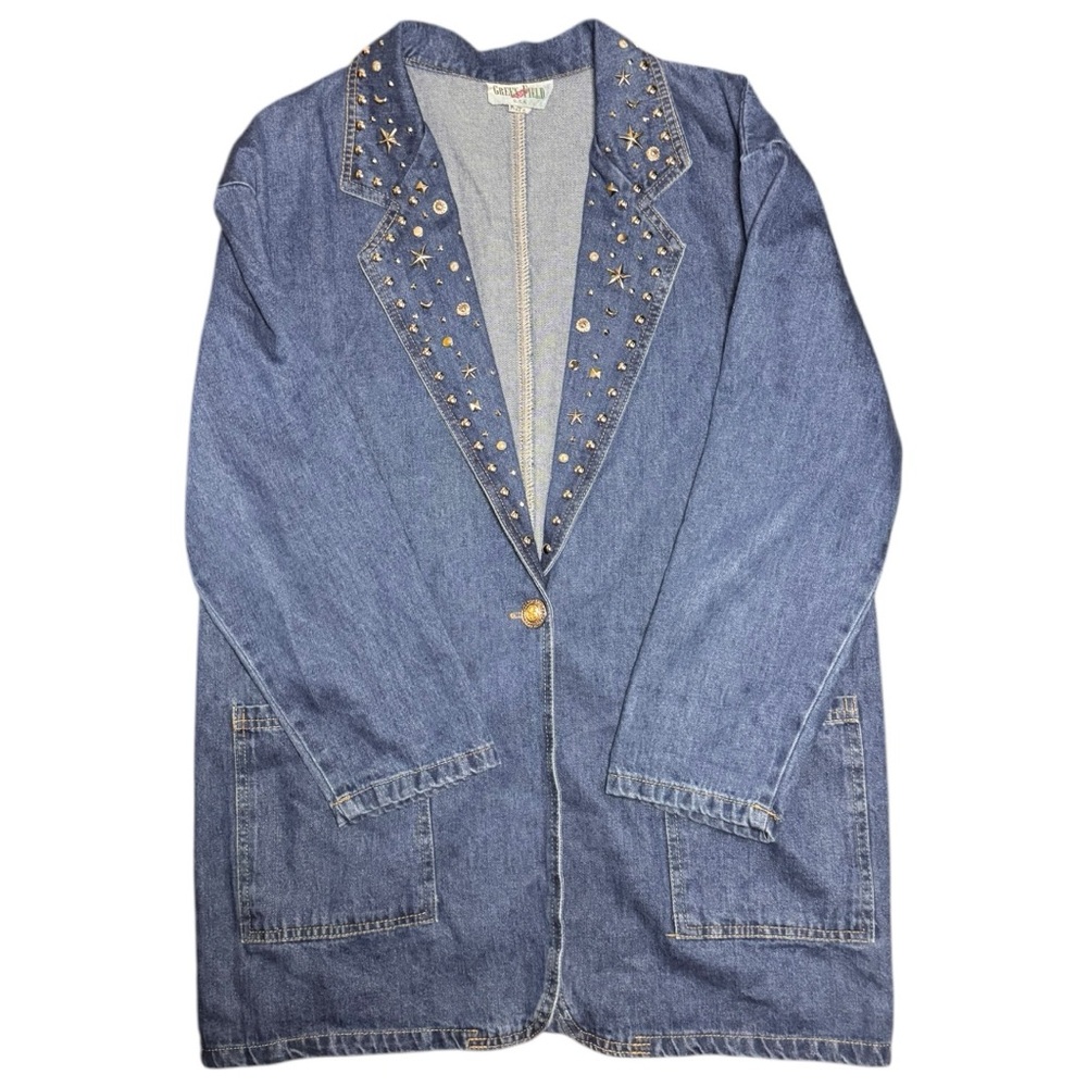 Green Field Studded Denim 90s Vintage Celestial Jacket - Picture 7 of 14